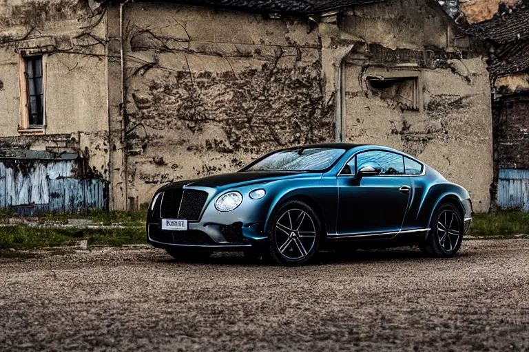 Image similar to modern rusty matte tired Bentley Continental GT without gloss no reflections drives along the road of an old Russian village with houses at the edges