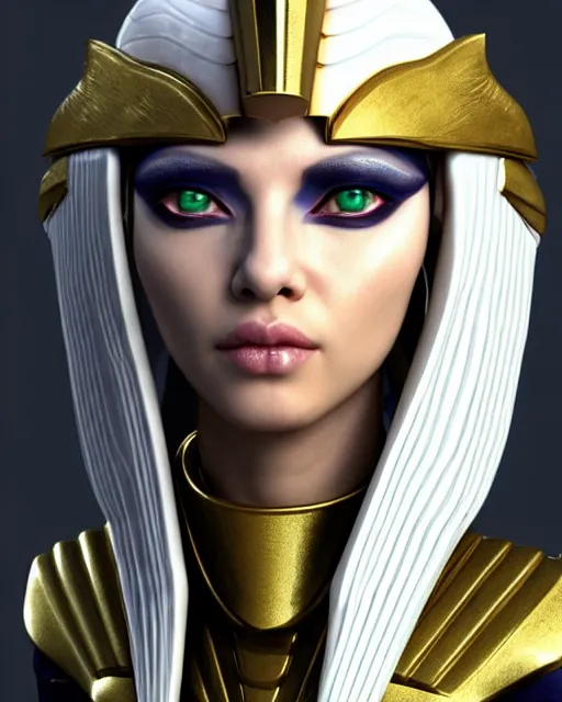 Image similar to perfect white haired attractive egyptian goddess, warframe armor, pharaoh headdress, beautiful, symmetric, dreamy, half asian, pretty face, green eyes, charlize theron, detailed, scifi platform, laboratory, experiment, 4 k, ultra realistic, epic lighting, android body, illuminated, cinematic, masterpiece, art by akihito tsukushi, voidstar