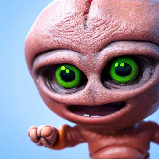 Image similar to photo of a comically tiny clay model of an angry baby rocky magma creature with a volcanic body and large childlike eyes leans close to the camera, fish eye lens, 4 k, hyper realistic, hyper detailed face, octane render, comedic, cute