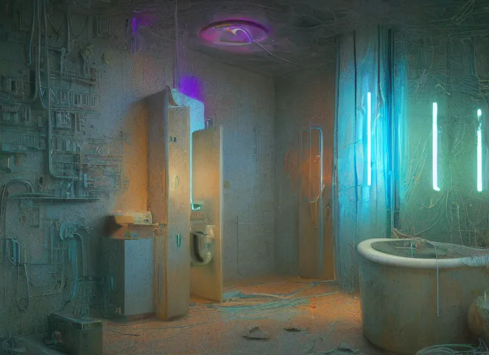 Image similar to A bathroom, neon, RGB, glowing wires everywhere, decay, by Edgar Maxence and Ross Tran, Zdzisław Beksiński, and Michael Whelan, distant, gustav dore, H.R. Giger, 8k, octane render