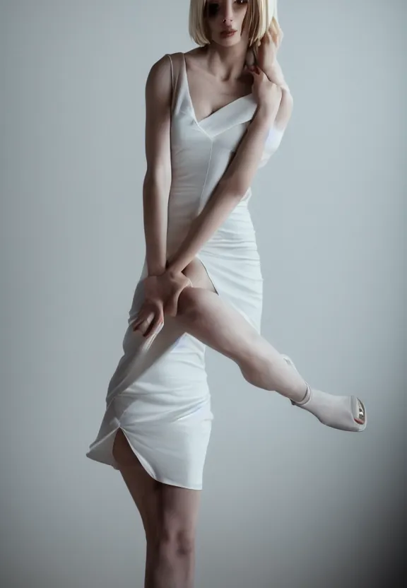 Image similar to photo of gorgeous seductive tall emily skinner cosplaying annie leonhart wearing open toe heels, wearing tight white dress, in a white room, beautiful face, pale skin, rule of thirds, cinematic lighting, sharp focus, backlit, stunning, smooth, hard focus, full body shot, studio photo, shot on sony a 7 iii