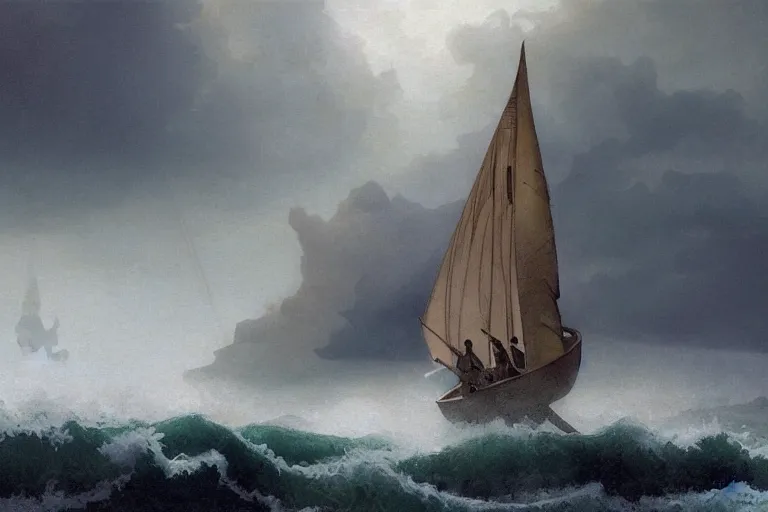 Image similar to ancient historically accurate depiction of Bible Character walking on water during a storm, a small fishing sailboat with scared sailors on board, dramatic lighting by frank miller, illustration by Ruan Jia and Mandy Jurgens and William-Adolphe Bouguereau, Artgerm, 4k, digital art, surreal, space dandy style, highly detailed, godsend, artstation, digital painting, concept art, smooth, sharp focus, illustration by Ruan Jia and Mandy Jurgens and William-Adolphe Bouguereau, Artgerm