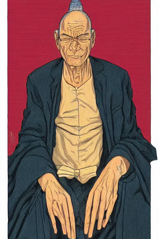 Image similar to an original jean giraud digital art painting of a portrait of a zen - buddhist capitalist in a bankers suit