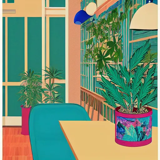 Image similar to taiwanese style cafe australian, decorated with cannabis pot plants 🪴 utopia frontage, pop art poster, beautiful colors pastel palette by will barnet