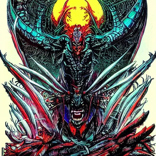Prompt: an epic demonic alien dragon demigod descending from the cosmos to consume the earth, philippe druillet art