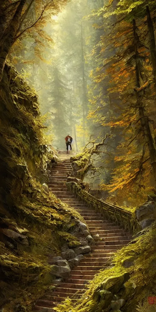 Image similar to a man walking up a steep and winding staircase, in beautiful woods, intricate, elegant, highly detailed, oil painting, artstation, concept art, sharp focus, beautiful illustration, society, by justin gerard and artgerm, 4 k