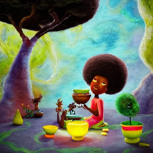 Image similar to black girl with big cute! eyes and a colorful afros having a tea party in an african zen garden with a baobab tree, bright colors, watercolor, volumetric wool felting, felt, macro photography, children illustration, global illumination, radiant light, detailed and intricate environment, by goro fujita, psychedelic surreal portrait, bokeh!!!!