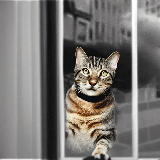 Image similar to a tabby cat looking trought the window, at a nuclear exlosion, realistic photo