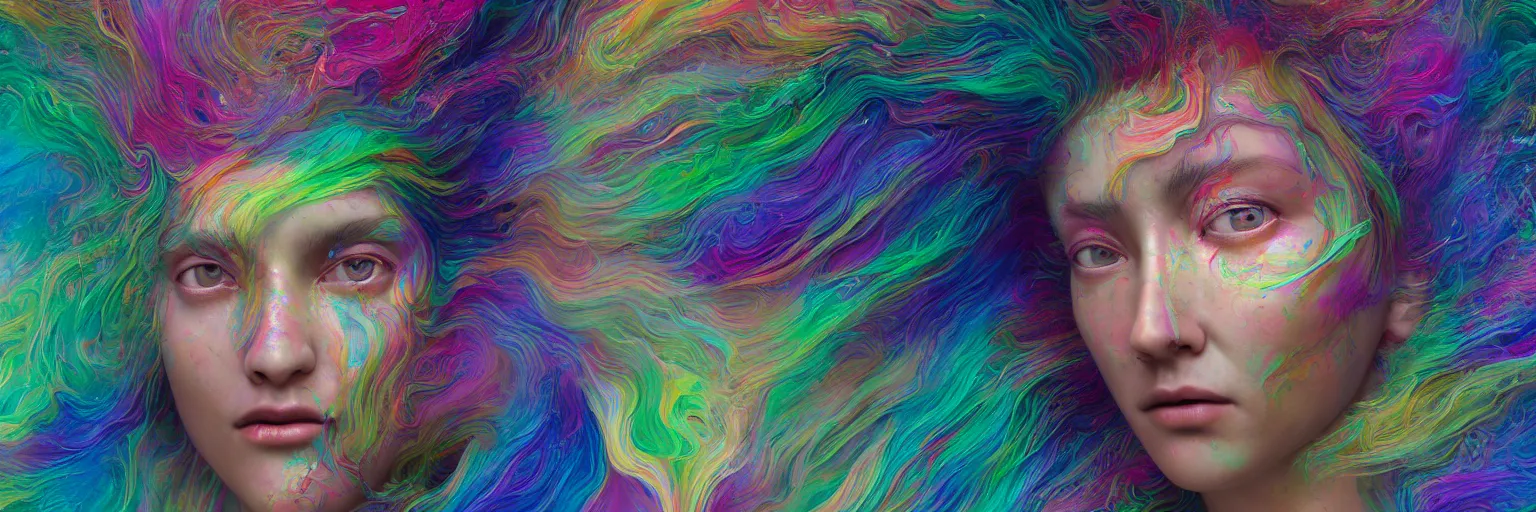 Prompt: A portrait of a very beautiful goddess with hair radiating an artwork of multicolored swirling paint and impasto by WLOP and James Jean , houdini volumetric displacement by Lee Griggs, volume noise, hyperrealism, subsurface scattering, arnold render, 8k, xparticles