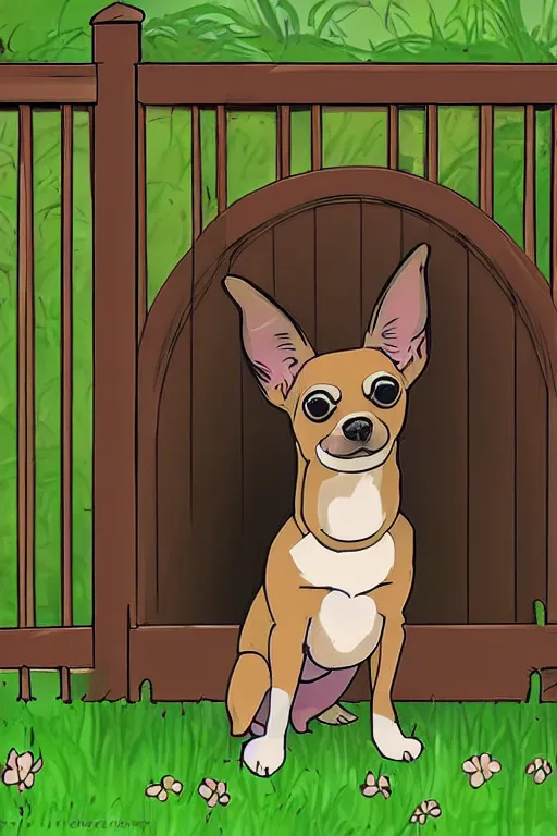 Prompt: A black and tan chihuahua looks through her garden gate, cel shaded cartoon in the style of studio Ghibli, stormy weather, raining, wet, morning, cinematic lighting