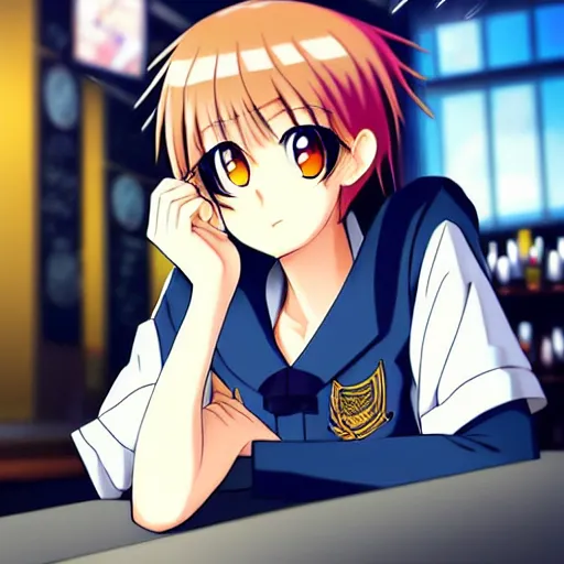 Image similar to Wholesome and masculine looking anime girl at a bar drinking a beer, warm glow from the lights, angle that looks up at her from below, deviantart, pixiv, detailed face, smug appearance, beautiful anime, detailed anime eyes with pupils, in the style of 90s anime, heavy focus on 90s and early 2000s style of anime, Sailor Moon style