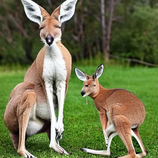 Image similar to a Muscular kangaroo and a very cute white rural retriever photograph, garden, highly detailed, high quality, award winning