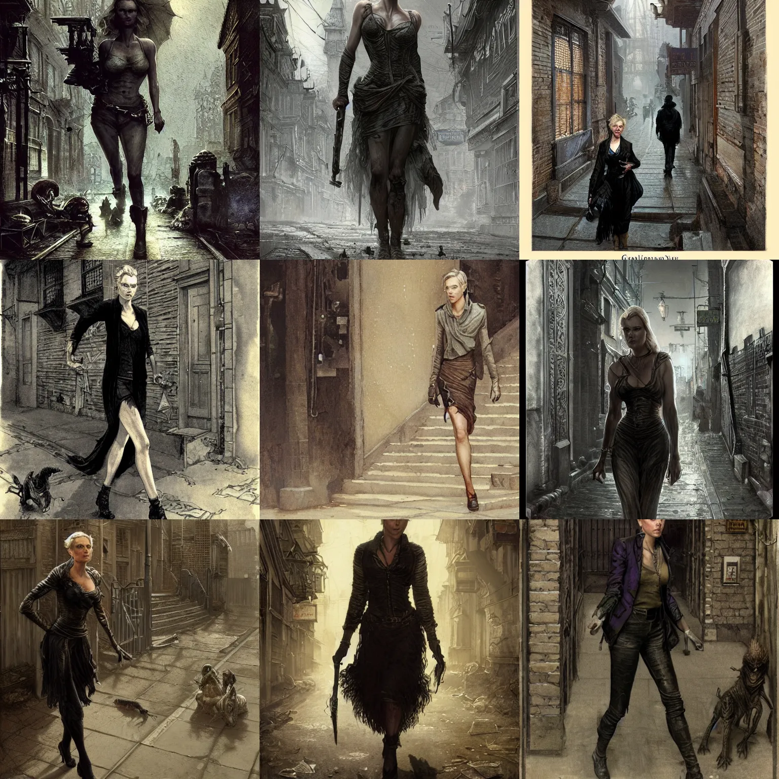 Prompt: front view of charlize theron as investigiator walking down street in arkham town, female, detailed face, gorgeous, amazing, new england architecture, 1920 style, intricate, highly detailed, famine, lovecraft illustration, painting by Gaston Bussiere, Craig Mullins