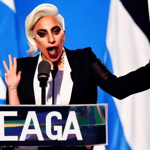 Image similar to Lady Gaga as president, Argentina presidential rally, Argentine flags behind, bokeh, giving a speech, detailed face, Argentina