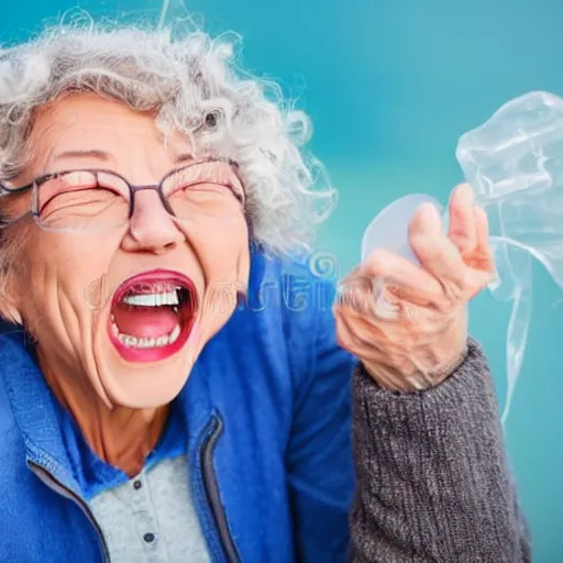Image similar to an old woman laughing in a park with a thin translucent oxygen tubing under her nose, 4 k, stock photo