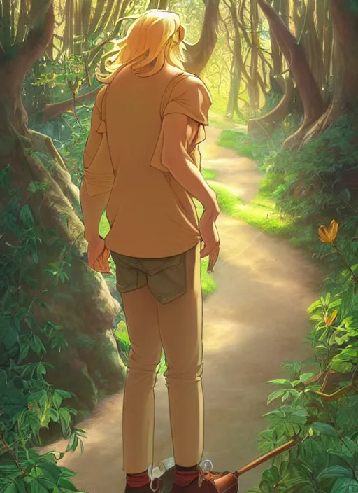 Image similar to book cover design, pretty young man with long golden blond hair, shiny and sparkling, in a forest, from behind, natural lighting, path traced, highly detailed, high quality, cartoon, digital painting, by don bluth and ross tran and studio ghibli and alphonse mucha