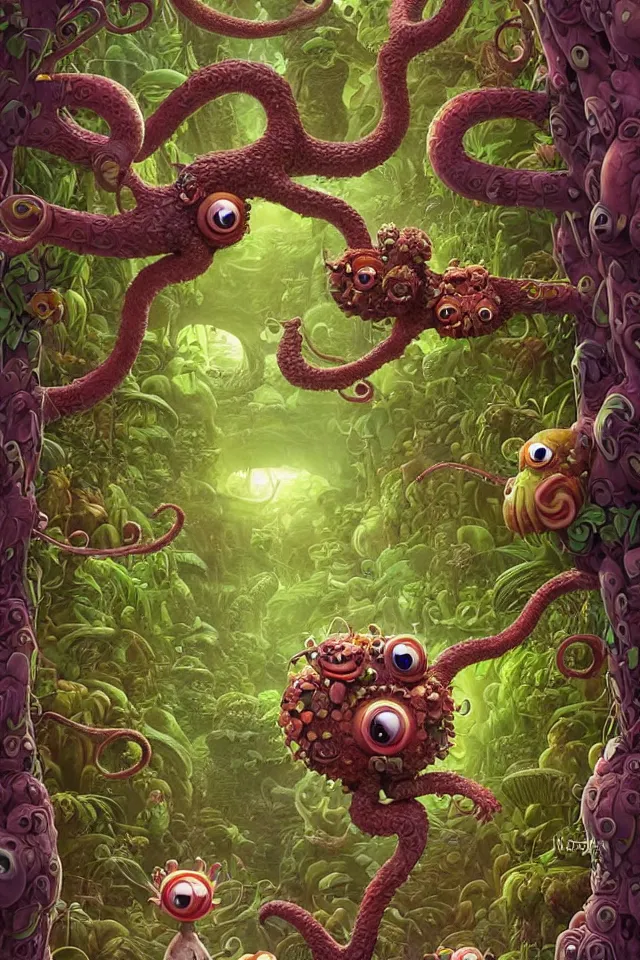 Image similar to an intricate cute monster, taking a walk, lush jungle, by kokaris, naoto hattori, moebius and android jones