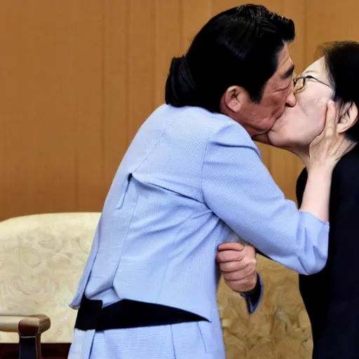 Prompt: Shinzo Abe warmly kisses Tsai Ing-wen.