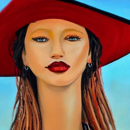 Image similar to oil painting of a tall woman with a black sunhat in the desert, black and red jacket, beautiful face, pretty face, very detailed eyes, very detailed face, feminine face, full body