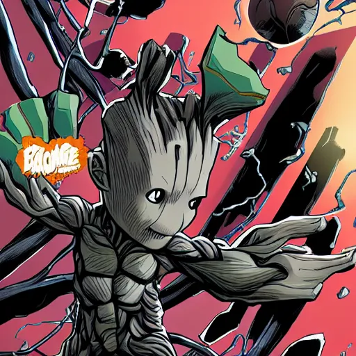 Prompt: baby groot venomized is vomiting