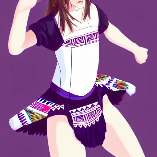 Image similar to a beautiful boyish emma watson alluring gravure model, wearing elegant japanese hiphop leotard outfit with subtle mayan patterns and native fashion, harajuku aztec fashion, gapmoe yandere grimdark, trending on pixiv fanbox, painted by samuel youn