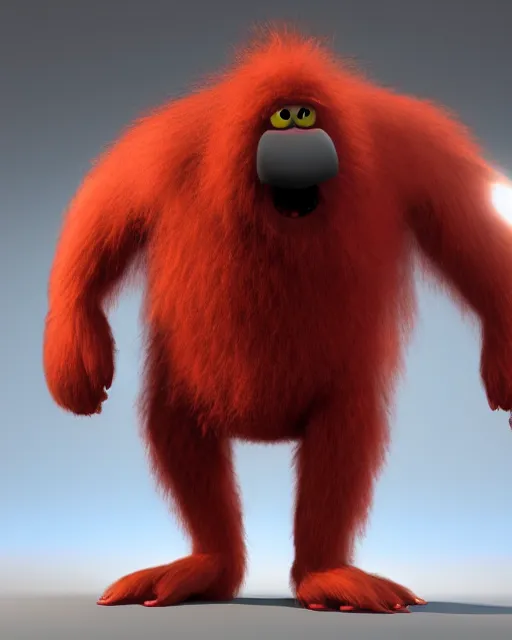 Image similar to 3 d render of completely red hairy friendly antropomorphic cartoony creature wearing chrome shades, without nose, full body, simple, cute, white background, unreal engine 5 hdr