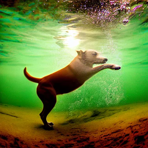 Image similar to dog underwater photography and light scattering, water refractions turned out impressive imho,