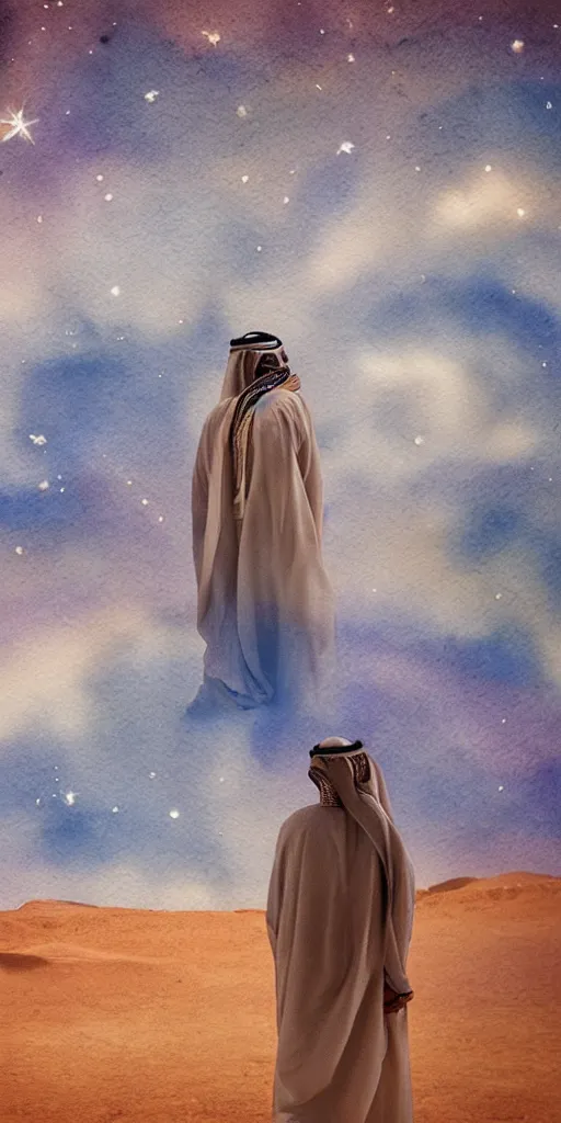 Prompt: an arab person with his back standing in the desert with sky with stars in watercolor, cinematic, highly detailed wide, atmospheric lighting, muted colors