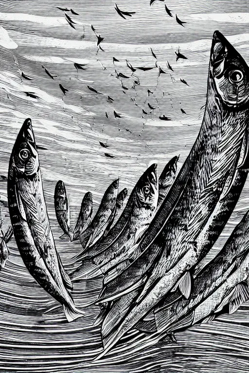 Prompt: a beautiful wood engraving on paper of a school of mackerel, 8 k, frostbite 3 engine, cryengine, dof, trending on artstation, digital art, crepuscular ray