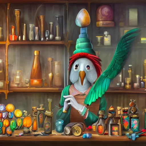 Image similar to Anthropomorphized parrot trader in his shop, shelves full, selling a gem, portrait, items, magic potions, carpet, window, fancy funny hat, sly expression , cunning expression, cute expression, presenting magic gem, D&D, fantasy, cinematic lighting, highly detailed, digital painting, artstation, concept art, smooth, sharp focus, illustration, warm light, cozy warm tint, magic the gathering artwork, volumetric lighting, 8k, no gold, no gold colours, art by Akihiko Yoshida, Greg Rutkowski