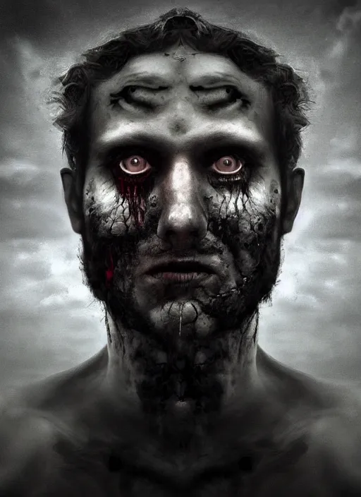 Image similar to dramatic matte portrait painting of man with black mandelbrot fractal instead of face, horror, body horror, dark art, 4 k, detailed, realistic, psychotic, insane, crazy, mental illness, dramatic,