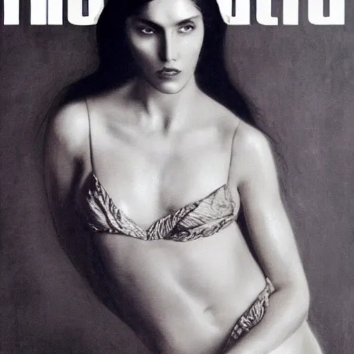 Image similar to A photo of a gorgeous Grigori Rasputin on the cover of Swimsuit Illustrated 1960 in the aesthetic of mert and marcus, masterpiece, intricate, elegant wardrobe, highly detailed, digital painting, artstation, concept art, smooth, sharp focus, illustration, art by artgerm and james jean and greg rutkowski and alphonse mucha