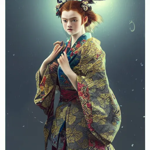 Image similar to a photorealistic dramatic fantasy render of a beautiful woman sadie sink wearing a beautiful intricately detailed japanese monkey kitsune mask and clasical japanese kimono by wlop, artgerm, greg rutkowski, alphonse mucha, epic, beautiful dynamic dramatic dark moody lighting, shadows, cinematic atmosphere, artstation, concept design art, octane render, 8 k