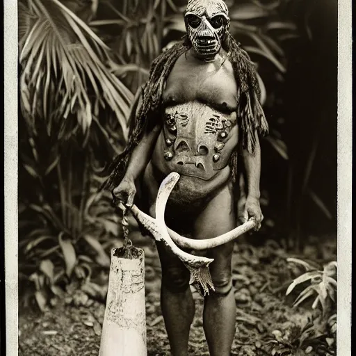 Image similar to a black and white old wet - plate photograph of a tribal elder with a bone in his nose and a scary mask and a pet dragon sitting on his shoulder in the jungle of congo during colonial times, holding a modern digital slr camera in his hand and taking a photo