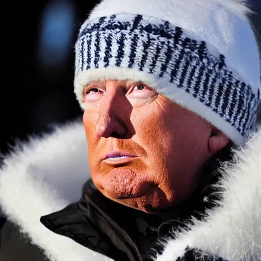 Image similar to donald trump lost and confused on the arctic tundra during a blizzard