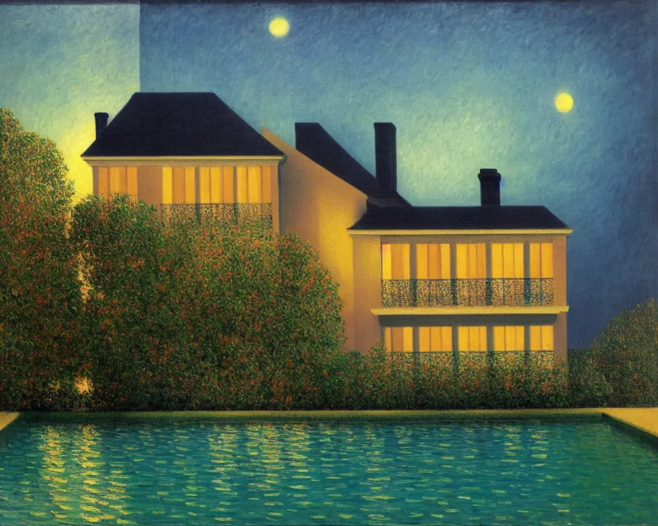 Prompt: achingly beautiful painting of a sophisticated, well - decorated, modern pool house at night by rene magritte, monet, and turner.