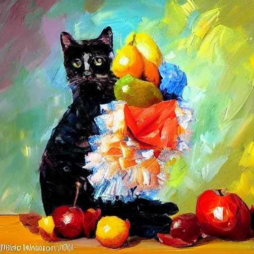 Image similar to palette knife oil painting of a cat wearing a gloves and a tutu, sitting on a mountain of fruit