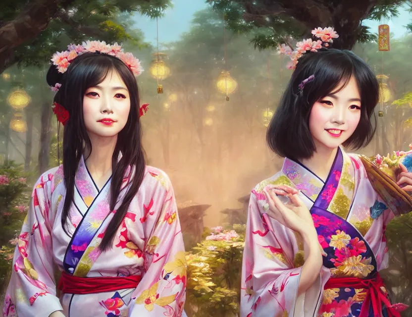 Image similar to two beautiful fashion taiwan girls wear fantasy yukata in festival | | big eyes, sunny, dreamlike art, realistic shaded, smile, good looking, fine details, 4 k realistic, cryengine, realistic shaded lighting poster by greg rutkowski, magali villeneuve, artgerm, jeremy lipkin and michael garmash and rob rey