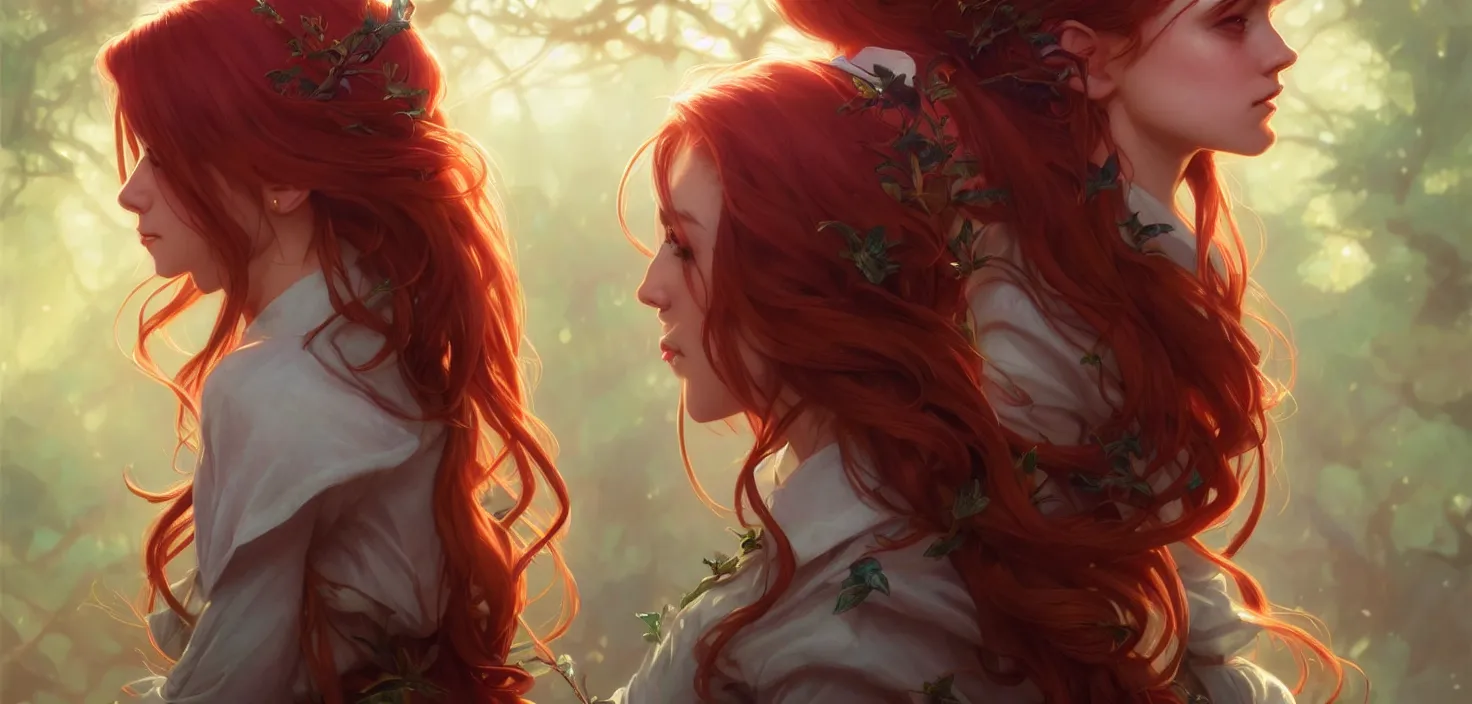 Image similar to side portrait cute female, magic school uniform, fantasy forest landscape, dnd fantasy magic, long red hair, cinematic rim light, intricate, elegant, highly detailed, digital painting, artstation, concept art, smooth, sharp focus, illustration, art by artgerm and greg rutkowski and alphonse mucha