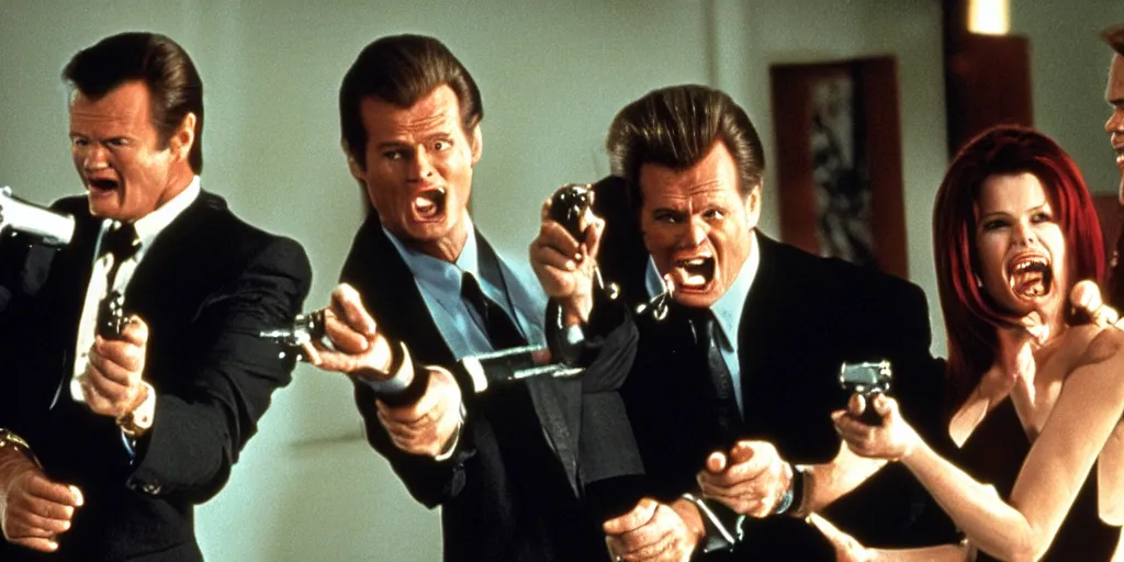 Image similar to still frame of Geena Davis, Roger Moore and Jim Carrey in Pulp Fiction laughing hysterically at a tiny gun