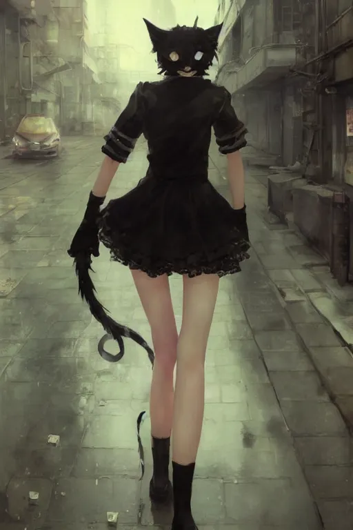 Prompt: anime neko girl with cat ears wearing a black lace dress and thigh highs walking in a depressing soviet city, expressive oil painting, digital art, highly detailed, character art, by yoshitaka amano, by greg rutkowski, by conrad roset, volumetrics, octane render