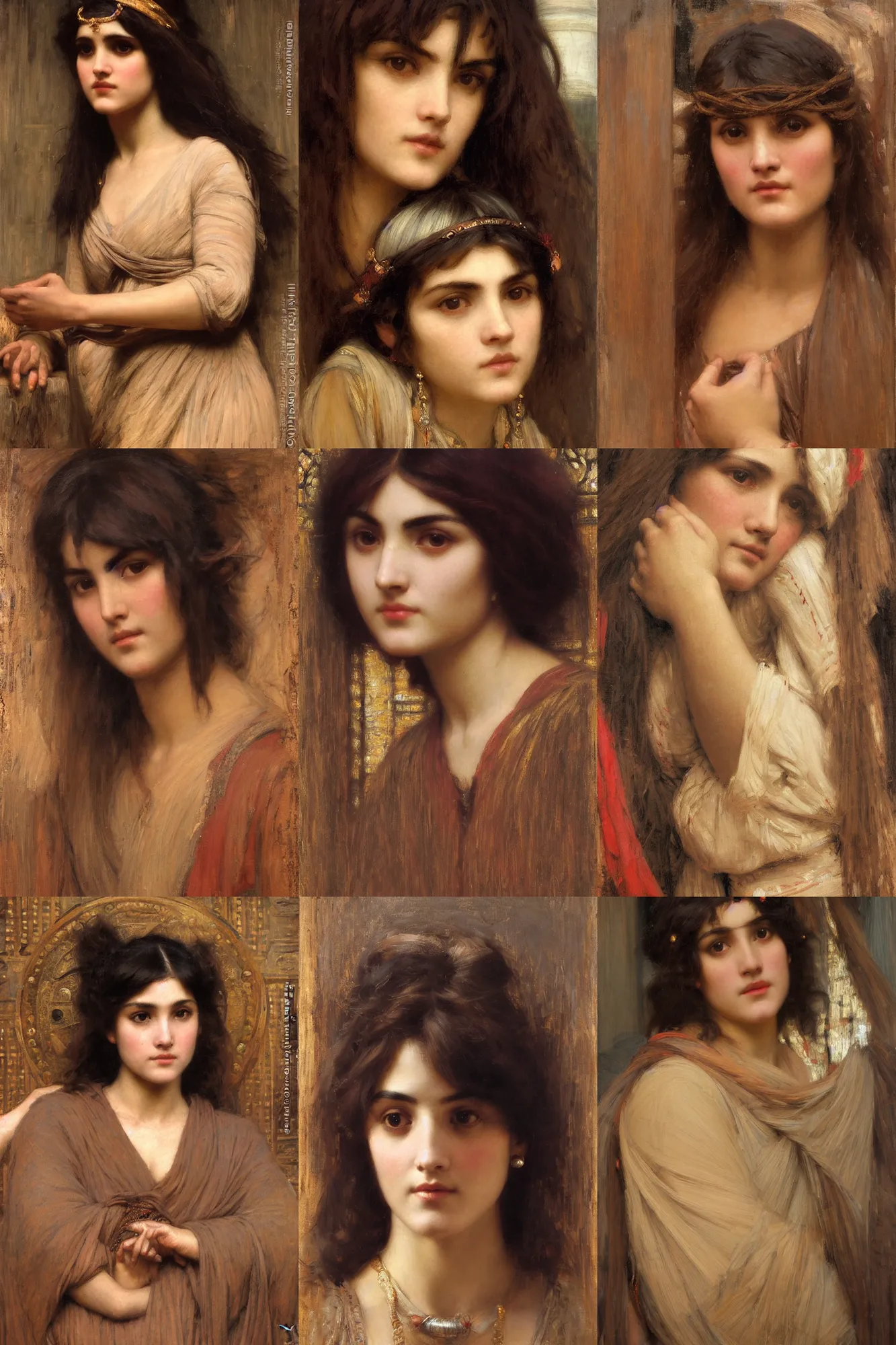 Prompt: orientalism face detail of a cute oracle with bangs and dark curls by edwin longsden long and theodore ralli and nasreddine dinet and john william waterhouse, portrait en buste, masterful intricate art. oil on canvas, excellent lighting, high detail 8 k