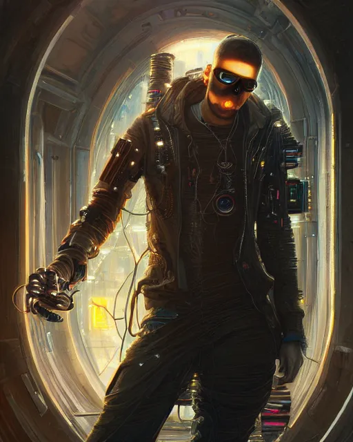 Image similar to a highly detailed portrait of a cyberpunk hacker, steampunk stargate by greg rutkowski and android jones in a surreal portrait style, oil on canvas, ancient cyberpunk 8k resolution, masterpiece