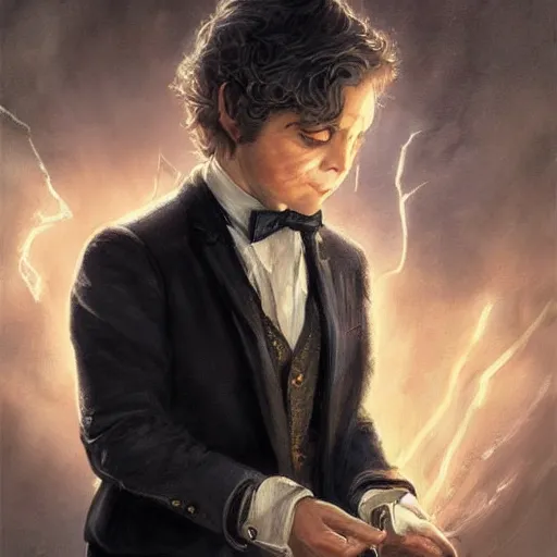 Image similar to masterpiece portrait of a hobbit gentleman in a tuxedo, Cinematic lightning, D&D, fantasy, highly detailed, digital painting, sharp focus, illustration, art by artgerm and greg rutkowski and magali villeneuve