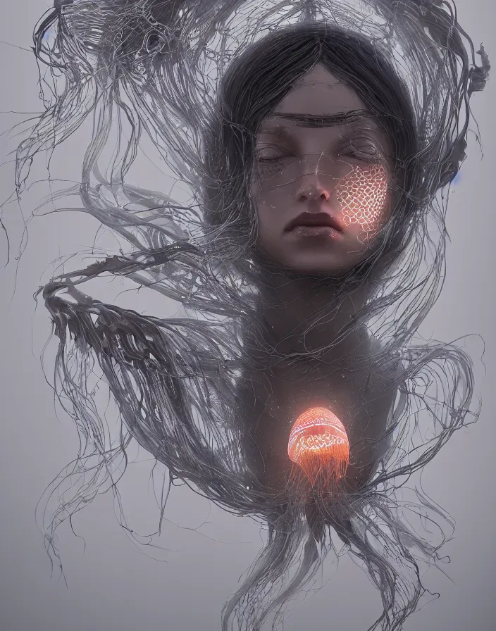 Image similar to goddess portrait. jellyfish phoenix head. intricate artwork by Tooth Wu and wlop and beeple. octane render, trending on artstation, greg rutkowski very coherent symmetrical artwork. cinematic, hyper realism, high detail, octane render, 8k