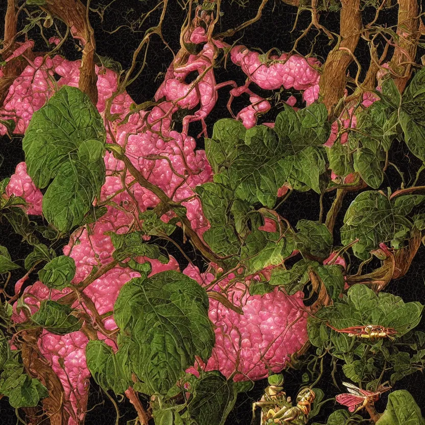 Prompt: a baroque neoclassicist close - up painting of trees and pink wasps with glowing green. reflective detailed textures. glowing colorful fog, black background. highly detailed fantasy science fiction painting by moebius, norman rockwell, frank frazetta, and syd mead. rich colors, high contrast. artstation