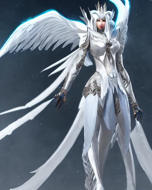 Image similar to perfect white haired egyptian goddess wearing white dove wings, warframe armor, regal, attractive, ornate, sultry, beautiful, ice queen, half asian, pretty face, blue eyes, detailed, scifi platform, 4 k, ultra realistic, volumetric lighting, illuminated, cinematic, masterpiece, art by akihito tsukushi, voidstar