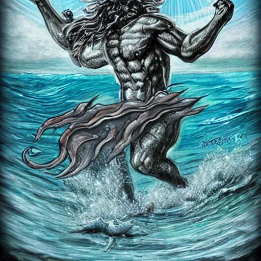 Image similar to Proud and screaming Poseidon rising from the ocean, ready to fight, fantasy art, hand-drawing