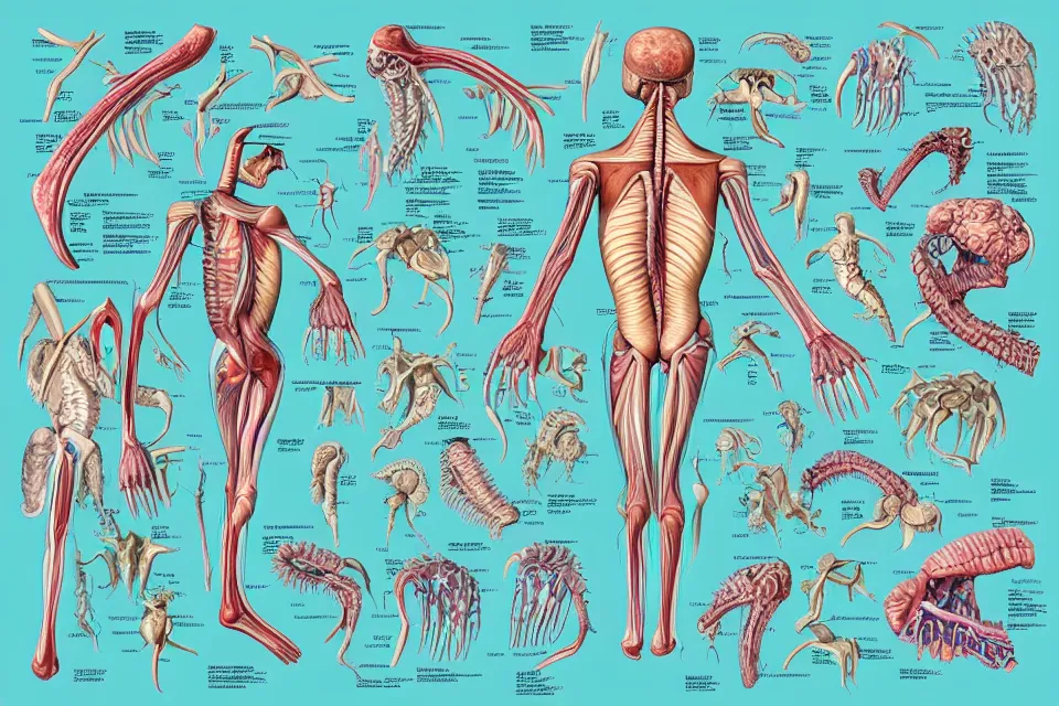 Image similar to Medical illustration of a mythical creature's anatomy, with labels. High quality, highly detailed, professional medical illustration.