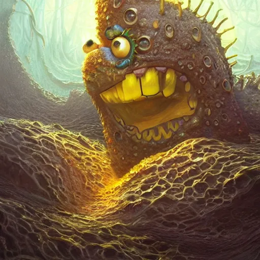 Prompt: portrait of Spongebob as a large Lovecraftian monster, fantasy, intricate, elegant, highly detailed, digital painting, artstation, concept art, smooth, sharp focus, illustration, art by artgerm and greg rutkowski